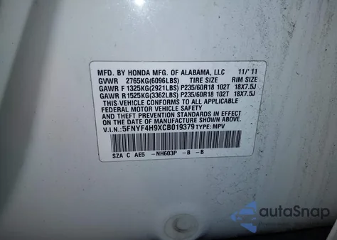 2012 Honda Pilot Touring z USA, uszkodzony, nr VIN 5FNYF4H9XCB019379